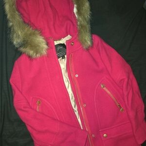 J. Crew Vibrant Pink Hooded Coat with Faux Fur